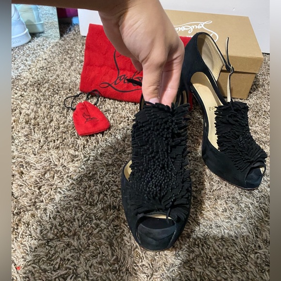 Black suede fringe front Christian Louboutin heels - Picture 2 of 7